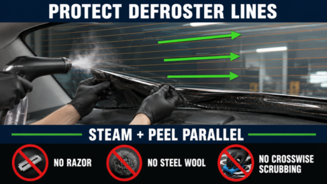 how to remove window tint from back window without damaging defroster lines