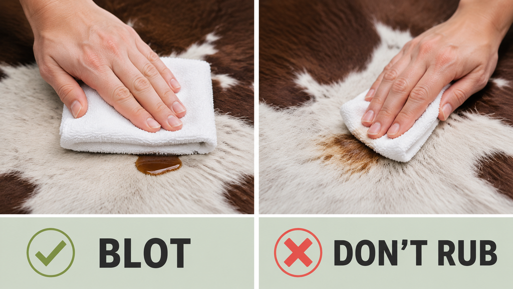 blotting a liquid spill on cowhide instead of rubbing it