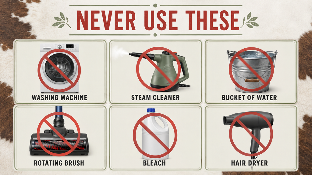 cleaning methods that should never be used on a cowhide rug