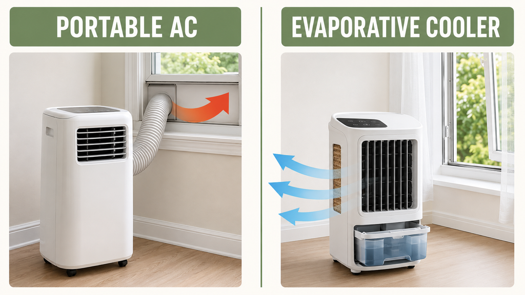 Portable air conditioner exhaust compared with evaporative cooling without a hose