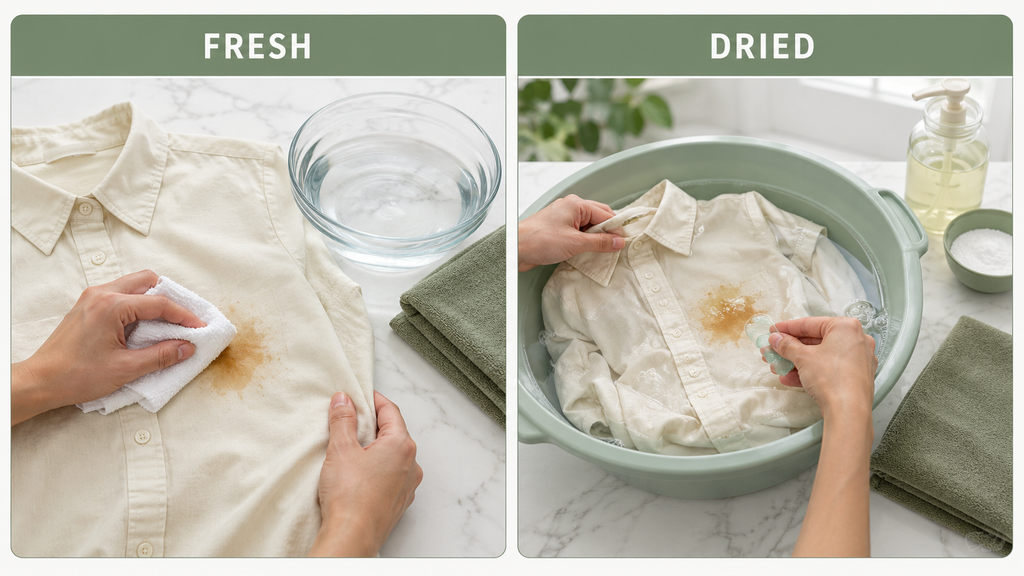 Fresh tea stain compared with a dried tea stain treatment