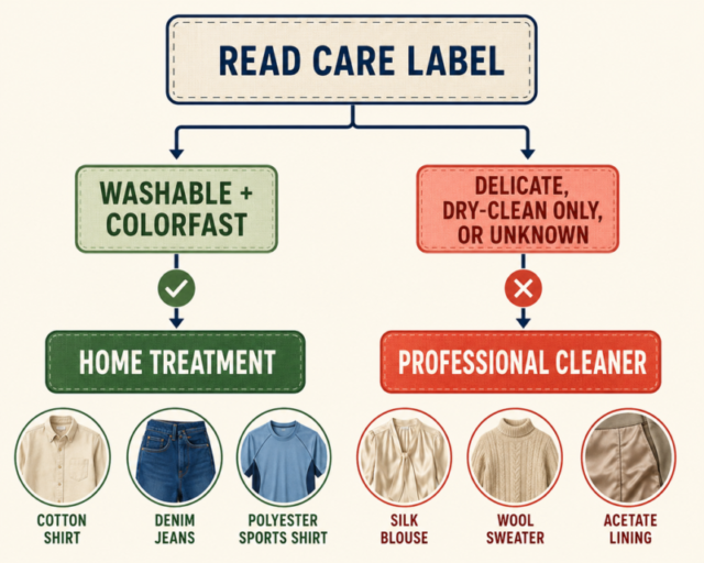 Decision chart for checking fabric type before treating an acrylic paint stain.