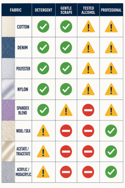 Fabric guide for choosing a safe acrylic paint stain-removal method.