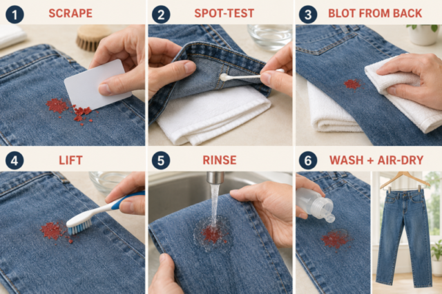 Step-by-step treatment for dried acrylic paint on compatible washable clothing.