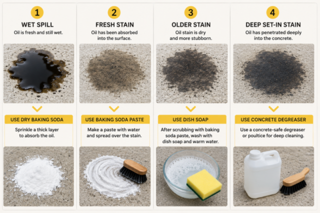 Baking soda treatments for fresh and old driveway oil stains