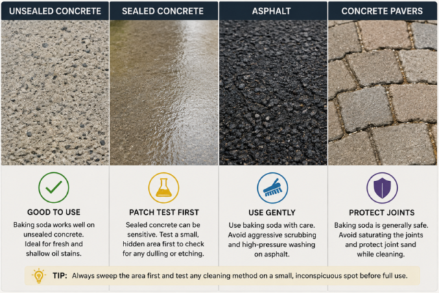 Concrete, sealed concrete, asphalt, and paver driveway surfaces