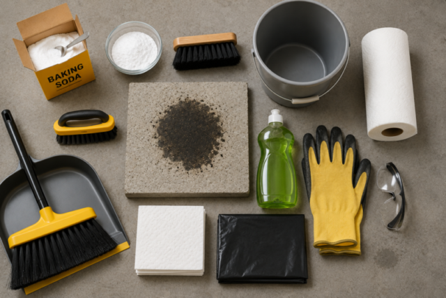 Supplies for cleaning an oil stain from a concrete driveway