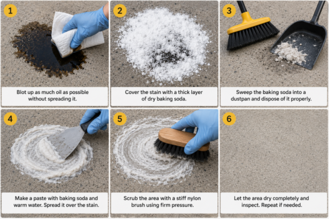 Steps for removing fresh oil from a driveway with baking soda