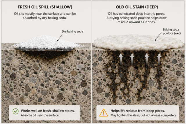 How fresh and old oil penetrate porous concrete differently
