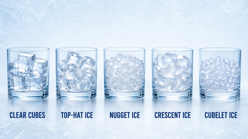 Clear, top-hat, nugget, crescent, and cubelet ice comparison