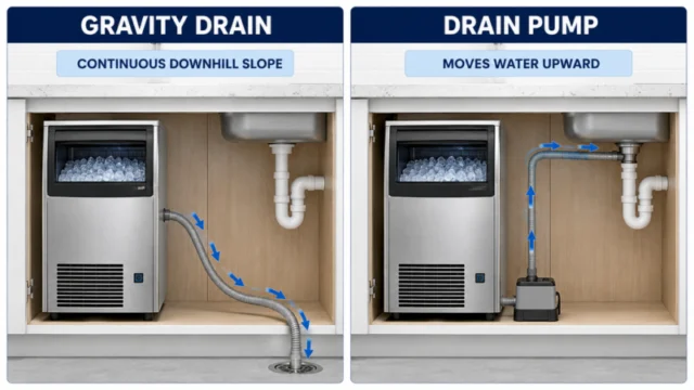 Gravity drain versus drain pump for an undercounter ice maker