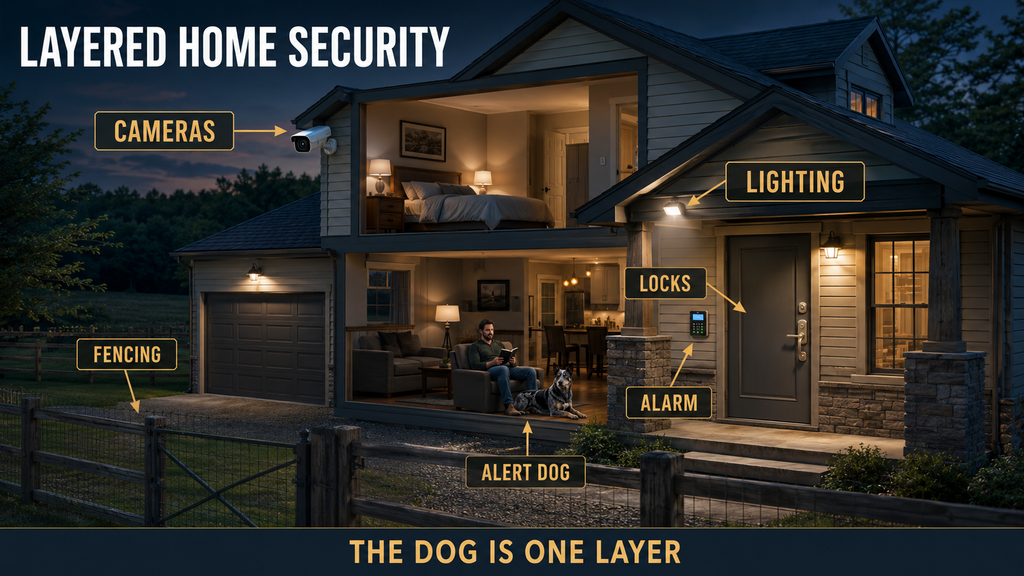 Layered home security with an alert Hangin’ Tree Cowdog
