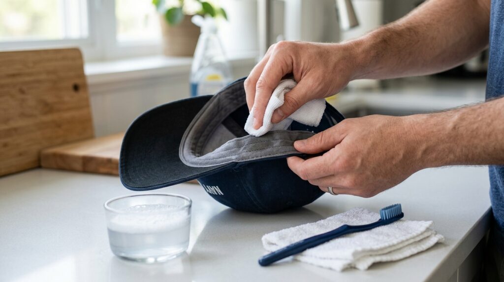 How to spot clean sweat stains from a baseball cap sweatband with mild detergent.
