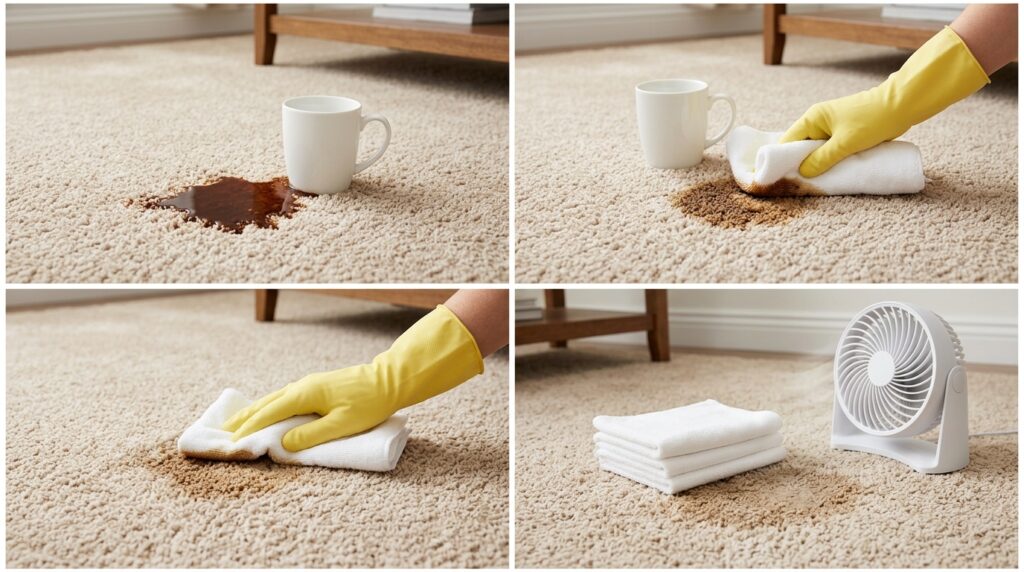 How to get coffee stains out of carpet by blotting, light rinsing, and drying