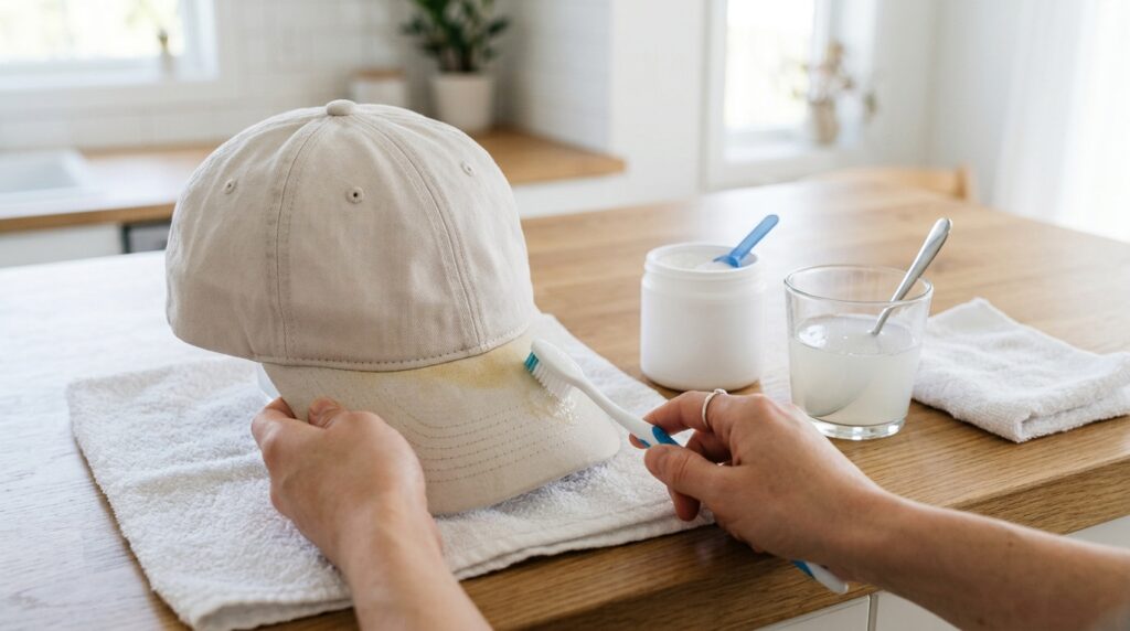 Oxygen cleaner spot treatment for sweat stains on a washable light-colored hat