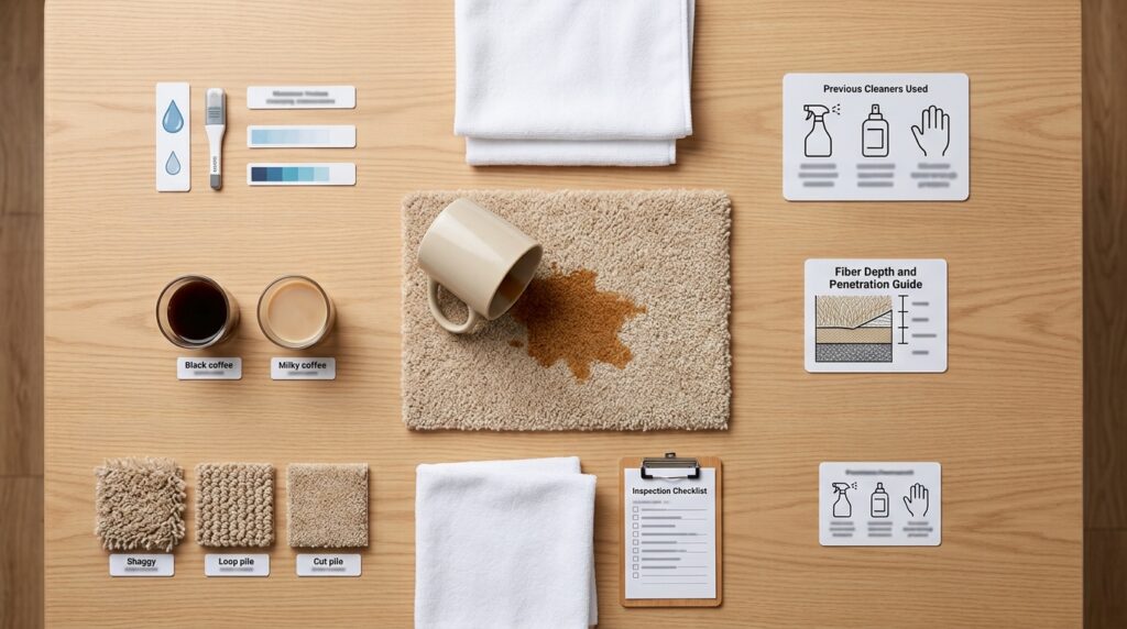 Coffee stain removal checklist for carpet type, drink ingredients, and spill depth