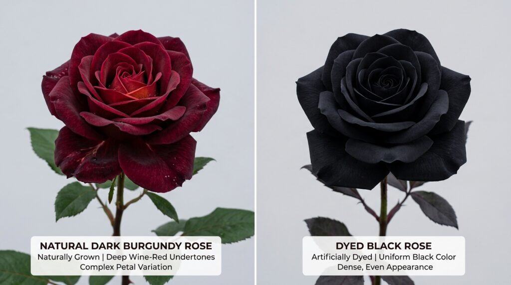 Natural dark rose compared with dyed black gothic flowers