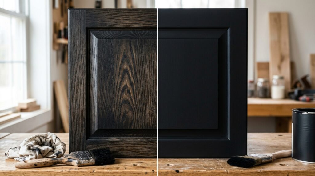black wood stain vs paint on oak cabinet door