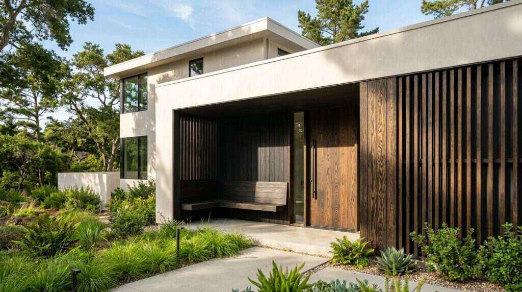 Black wood stain exterior front door trim and wood accent ideas