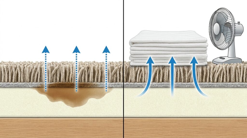 Coffee stain wicking from carpet backing and pad during drying