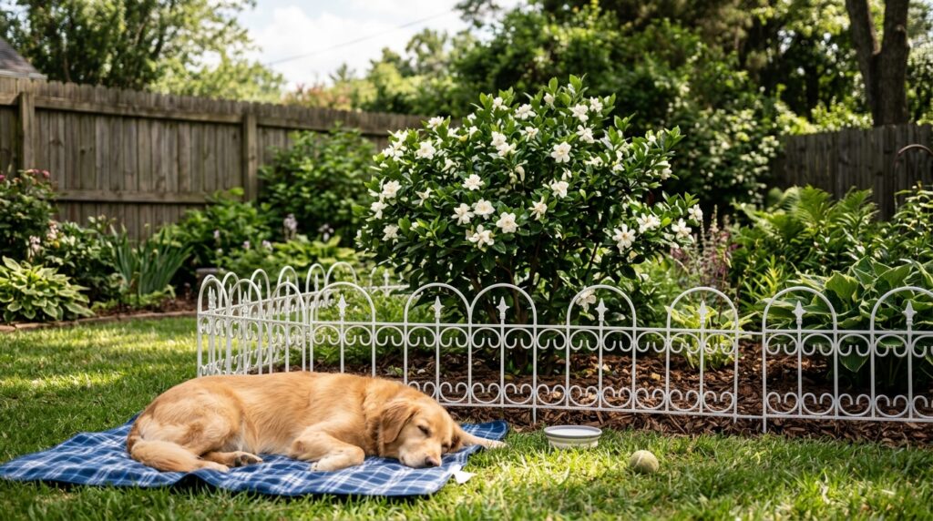 pet safe gardenia planting with fence barrier