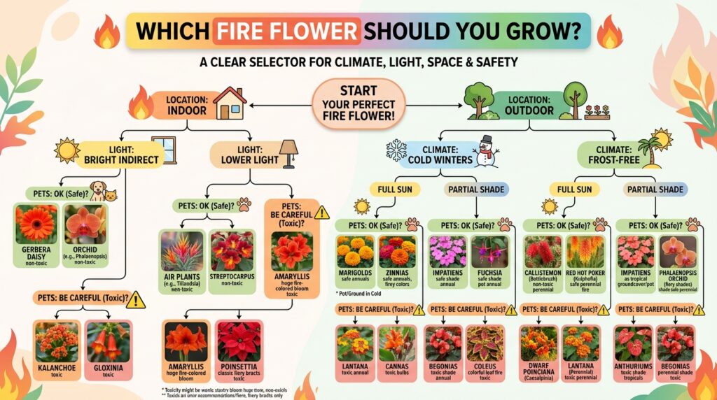 Fire flower plant selector by sunlight climate container size and pet safety