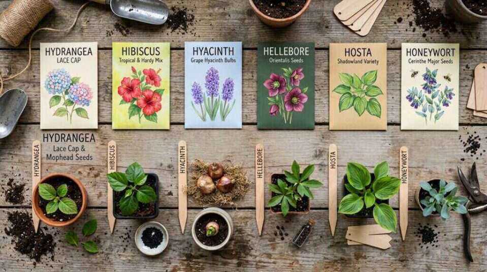 flowers that start with h shown as seeds, bulbs, shrubs, and perennials