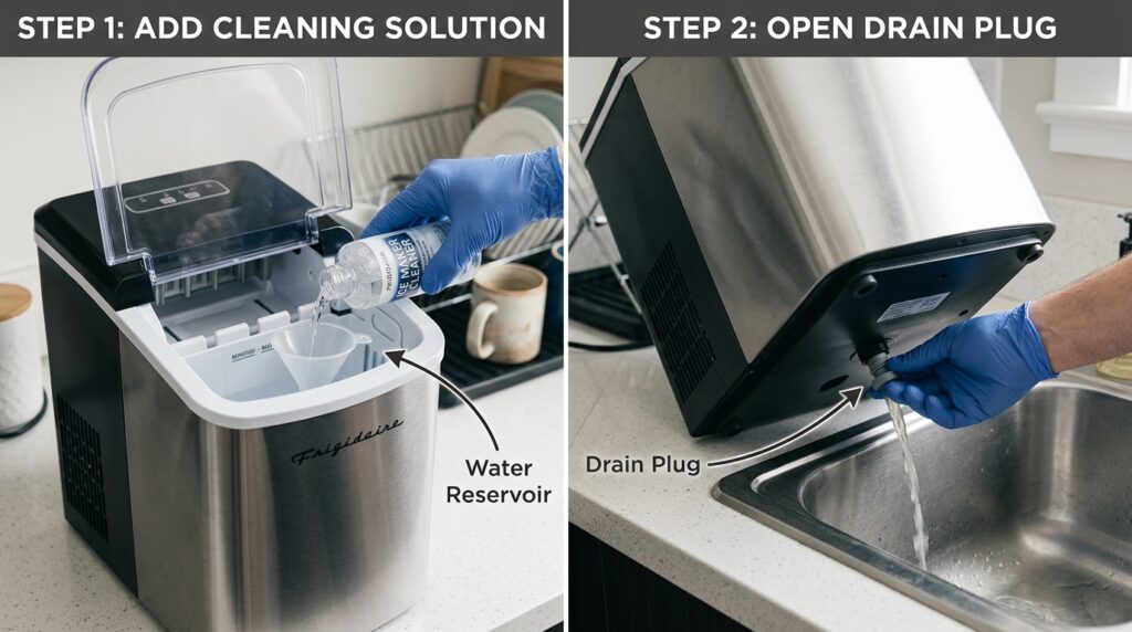 Running a full clean cycle on a Frigidaire ice maker, including filling and draining the reservoir
