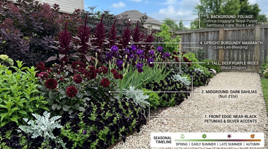 Layered gothic garden flowers plan with dark blooms and silver foliage