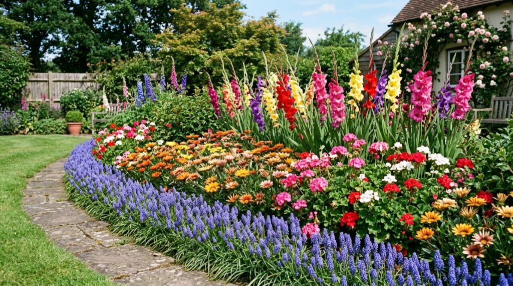 layered garden bed design with g flowers by height