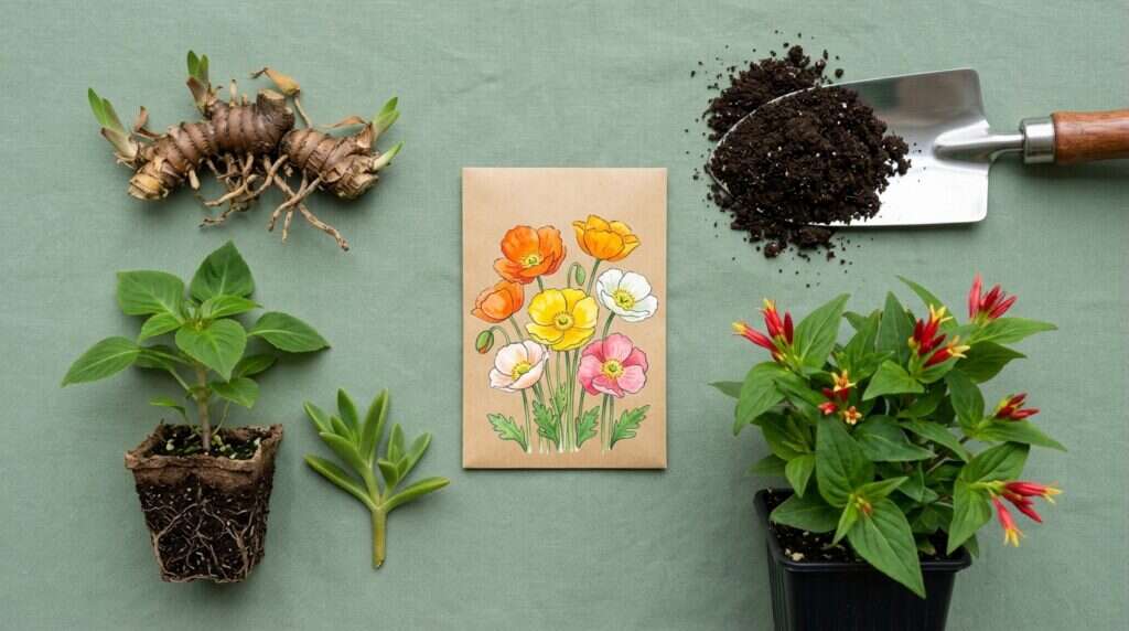 Garden planning supplies for flowers that start with i, including iris, impatiens, ice plant, Iceland poppy, and Indian pink.