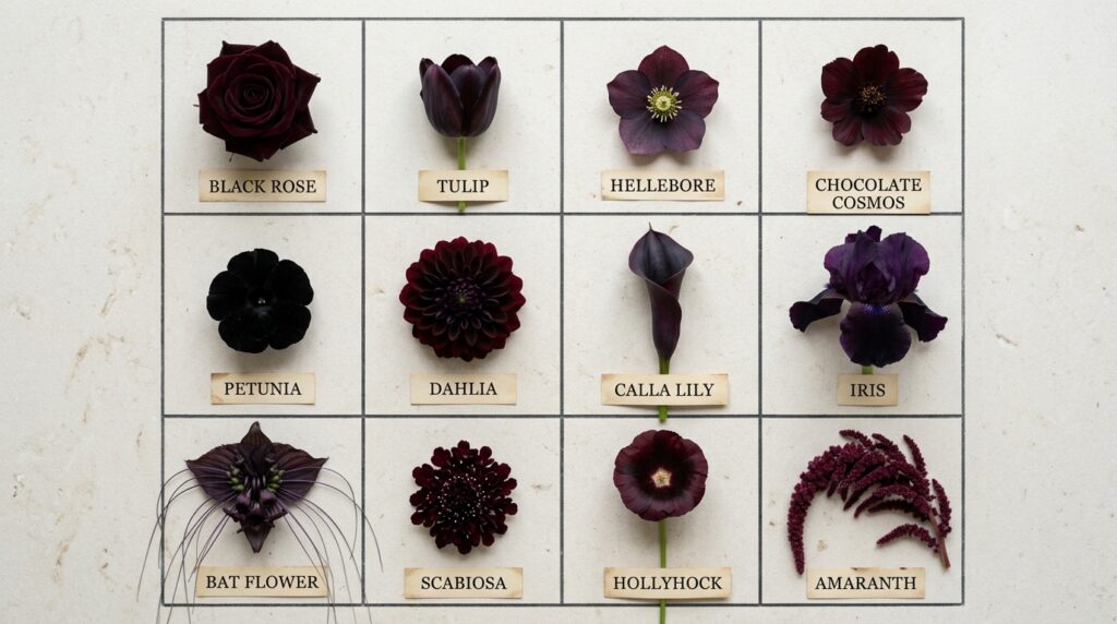 Gothic flowers names with dark roses tulips dahlias and calla lilies