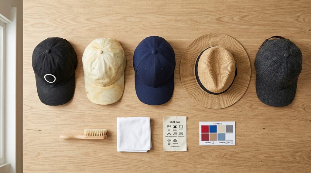 Hat cleaning decision guide showing sweat stains on black, fitted, straw, cotton, and wool hats.