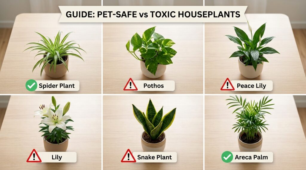 Comparison chart of houseplants toxic to cats vs pet safe plants including spider plant