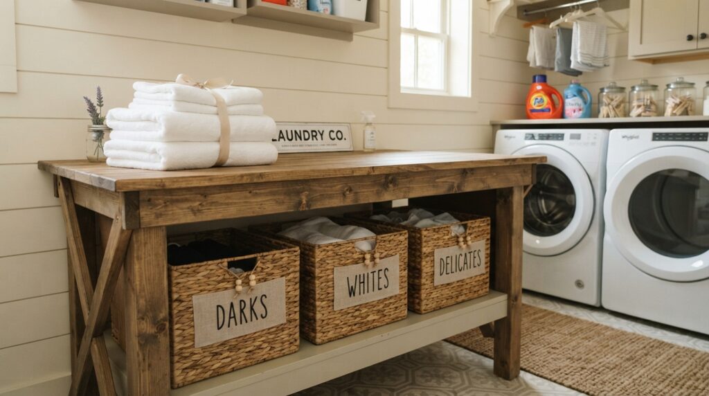 Laundry room table with storage baskets for sorting and folding