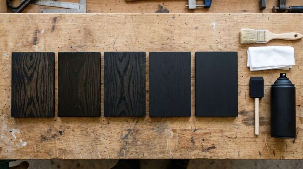 types of black stain wood finishes compared on oak panels