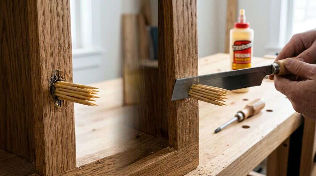 toothpick and wood glue method to fix stripped screw hole in wood
