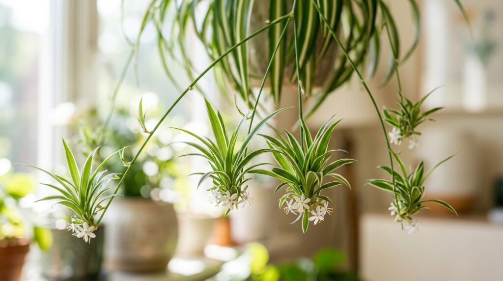 Close up of spider plant baby plantlets or spiderettes hanging from parent plant