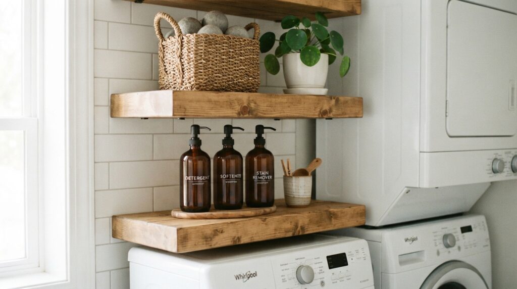 Open shelves for laundry room storage with labeled glass bottles
