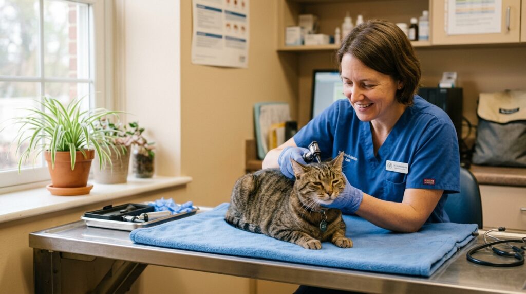 Veterinarian checking a cat, spider plant visible in background, is spider plant toxic to cats