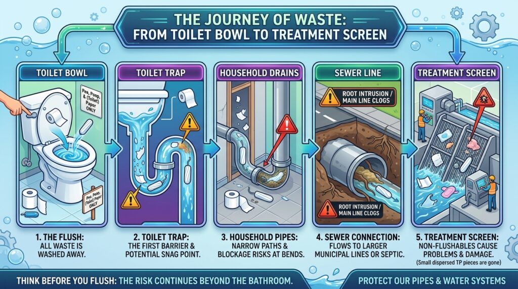 What happens after flushing tampons through toilet sewer and septic pipes