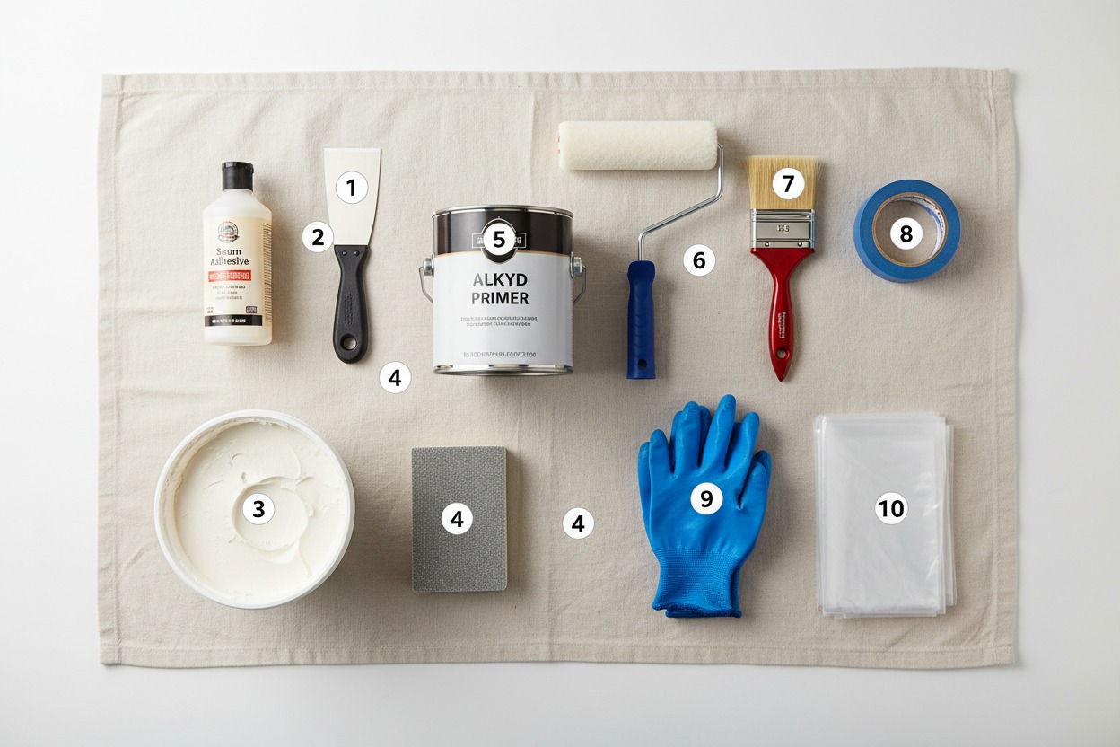Tools and primer for painting over wallpaper.