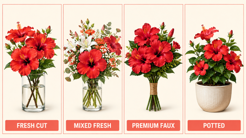 Comparison of fresh, mixed, faux, and potted hibiscus bouquet options