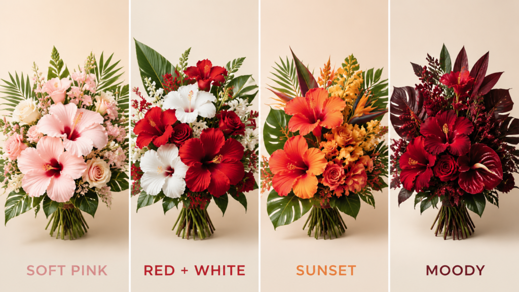 Pink, red, sunset, and moody hibiscus bouquet color palettes
