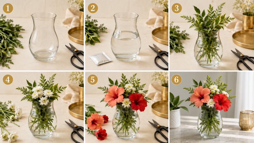 Steps for making a fresh hibiscus flower arrangement in a vase