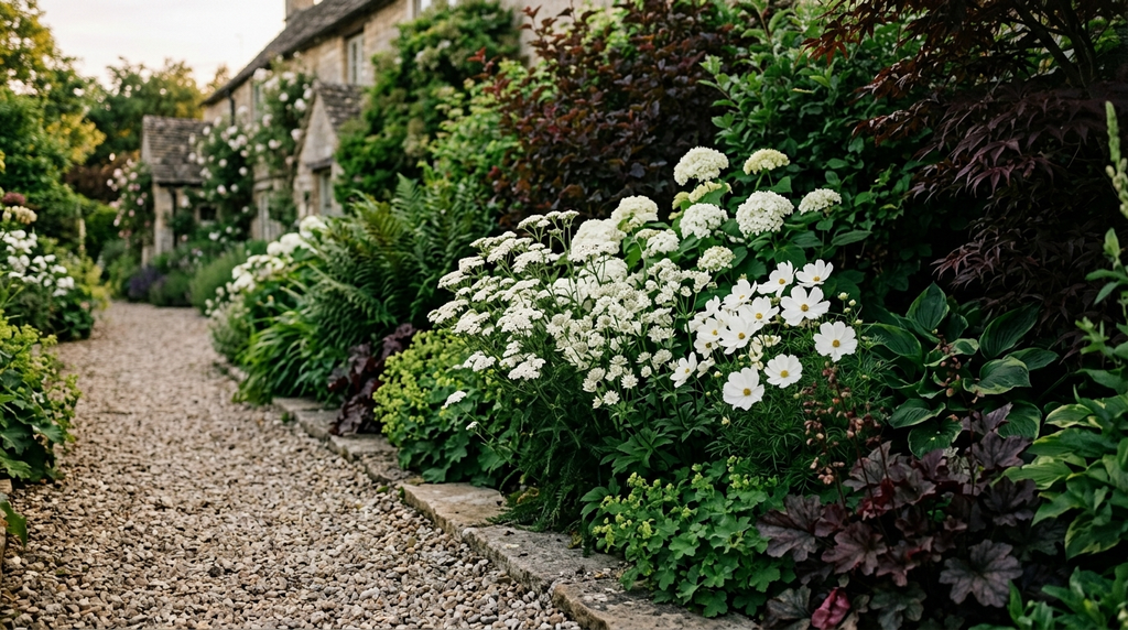 White flowers contrasting with deep green and burgundy garden foliage