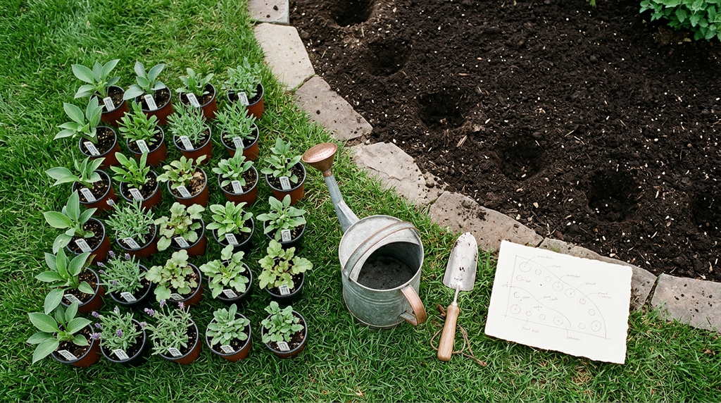 Nursery-grown wildflower plugs arranged beside a prepared garden bed
