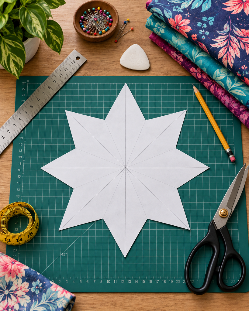 Eight-point Flow Star paper template beside fabric and sewing tools