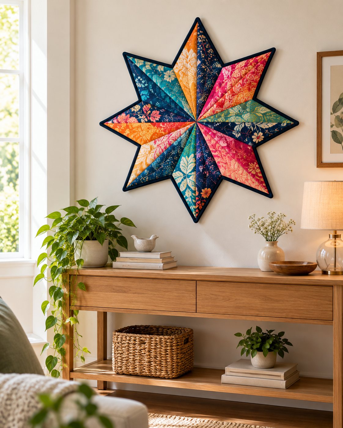 Colorful handmade Flow Star displayed as textile wall decor
