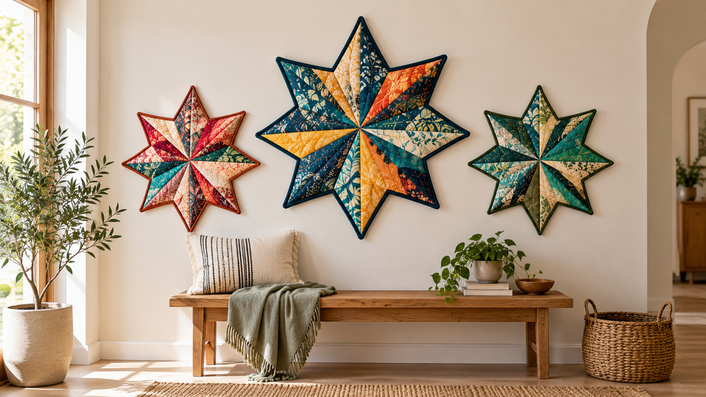Three handmade Flow Stars arranged as colorful fabric wall art